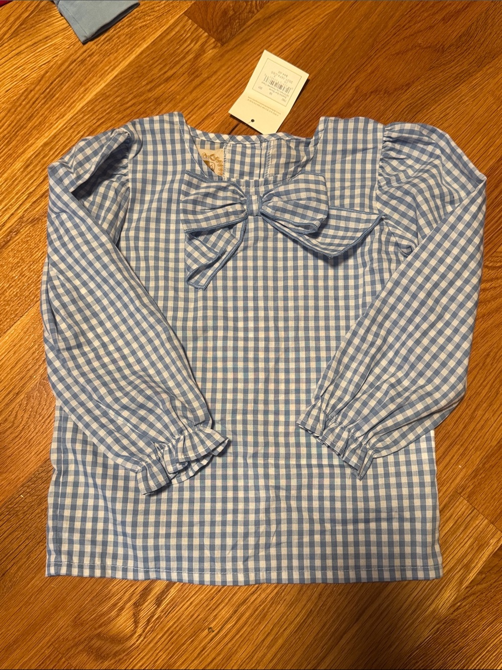 The Beaufort Bonnet Company Light Blue Gingham Bow Blouse
